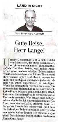 Leitaretikel der HAZ zum Abschluss der internationalen KVH-Kulturfahrten