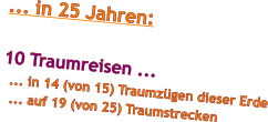 ... in 25 Jahren:  10 Traumreisen ...   ... in 14 (von 15) Traumzügen dieser Erde   ... auf 19 (von 25) Traumstrecken